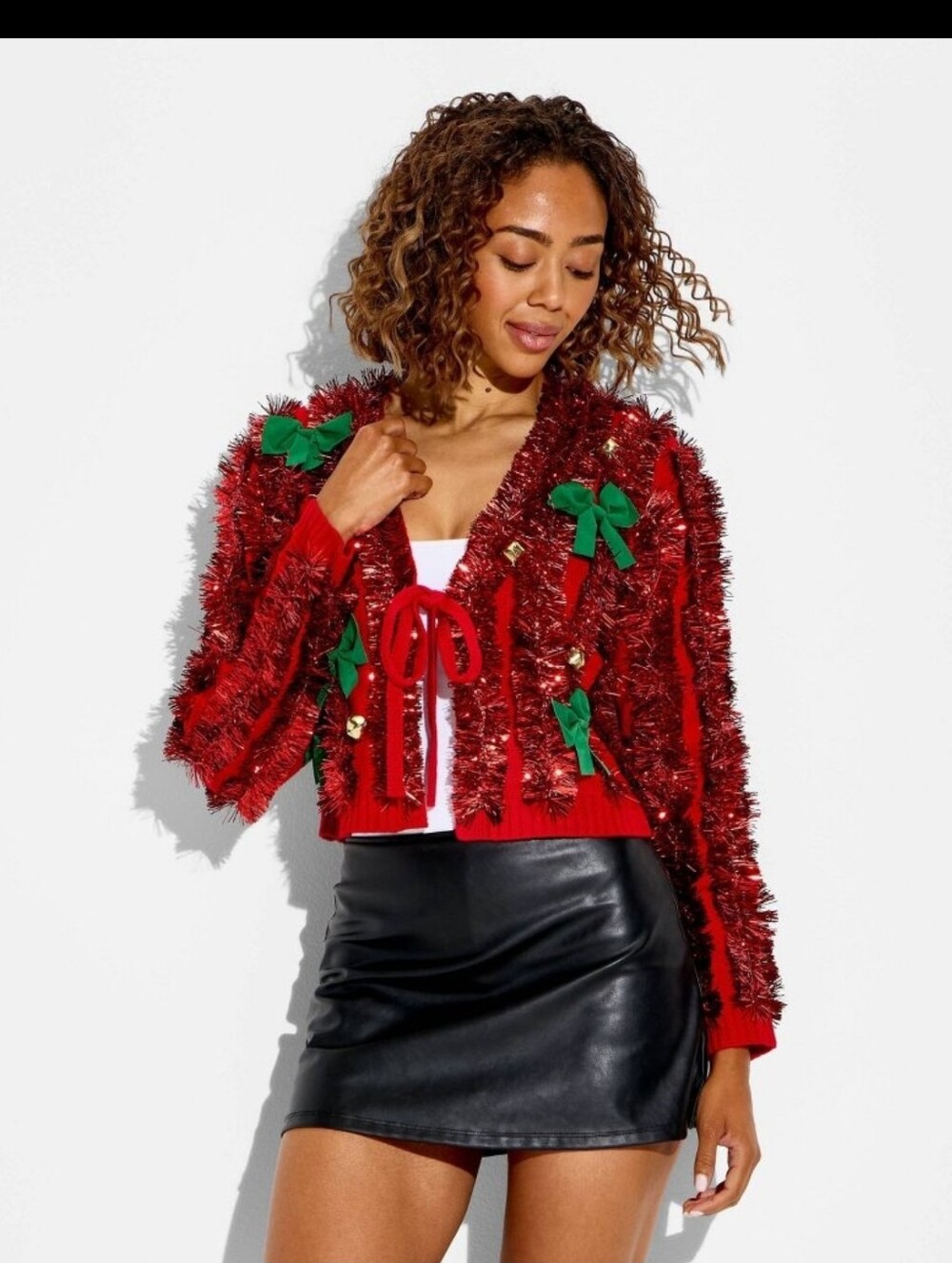 33 Degrees Women's Tinsel Festive Graphic Cardigan, L - Red